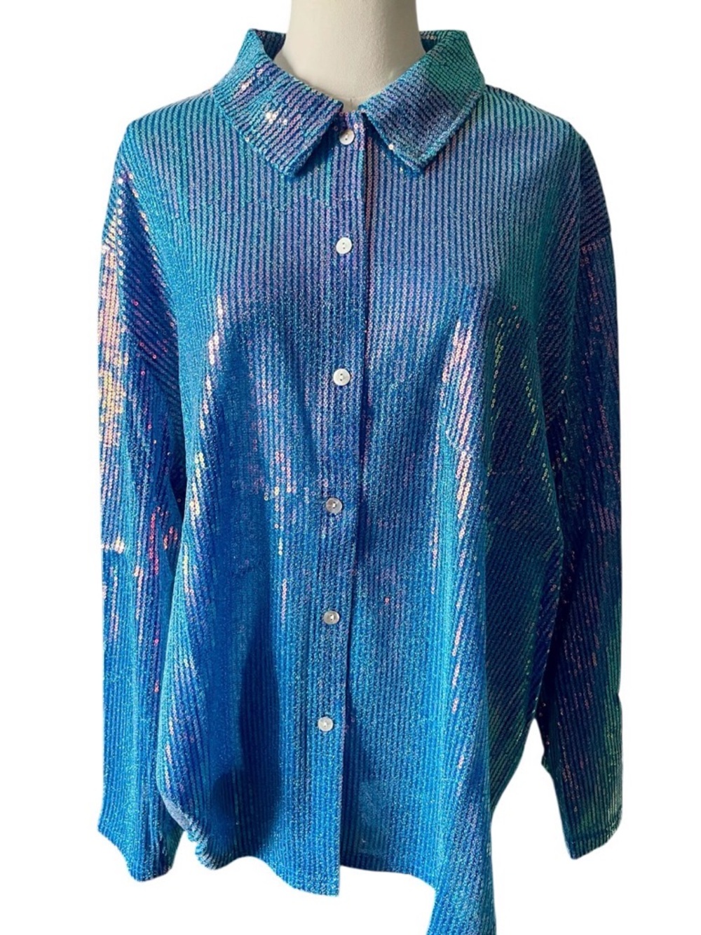 POL Sequin Long Sleeve Top – Blue Ocean (Large) New - Picture 6 of 11